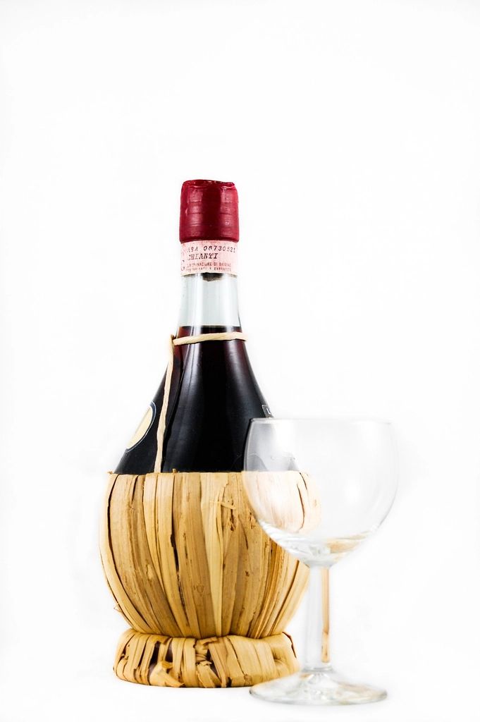 Wine glasses and bottles on the counter